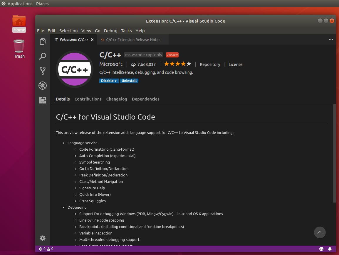 Visual Studio Code running on Ubuntu Linux